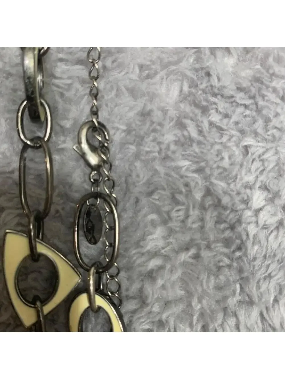 Vintage Silver Tone Chain Belt with Cream Enamel Accents, Adjustable Link Chain